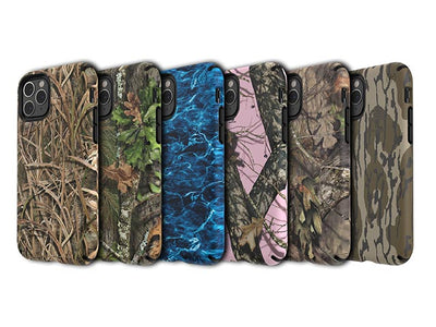 Lineup of Speck Presidio Inked cases with Mossy Oak camouflage patterns