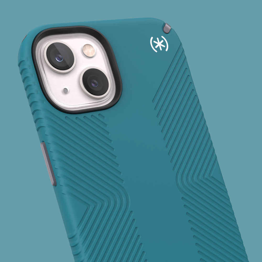 Three-quarter angle of iPhone 13 case in Deep Sea Teal