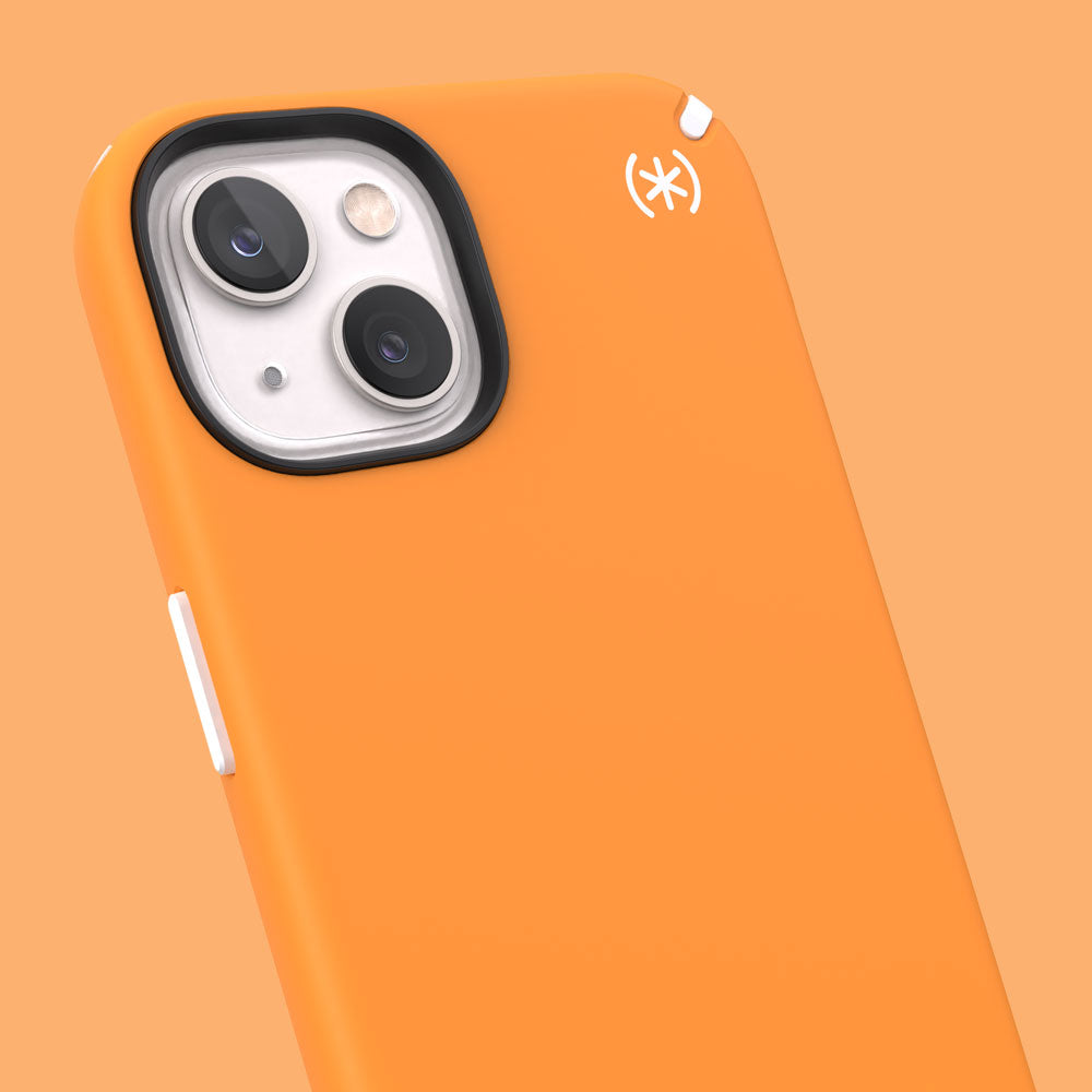 Three-quarter angle of iPhone 13 case in Uplift Orange