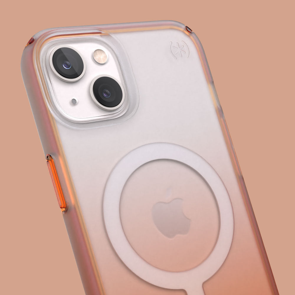 Three-quarter angle of iPhone 13 case in Orange Soda Fade