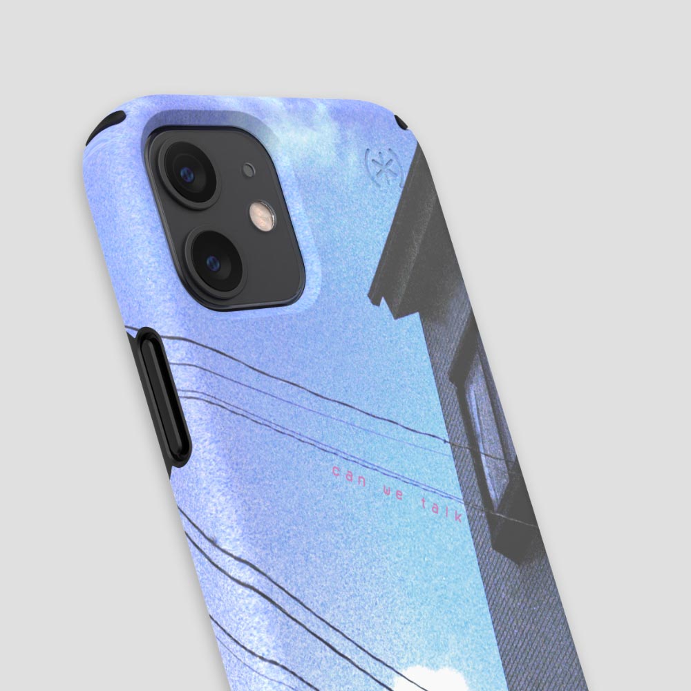Three-quarter angle of iPhone 12 mini case in Read Between The Lines pattern