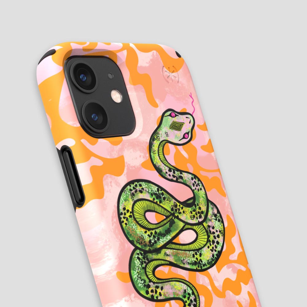 Three-quarter angle of iPhone 12 mini case in Sage Serpent pattern