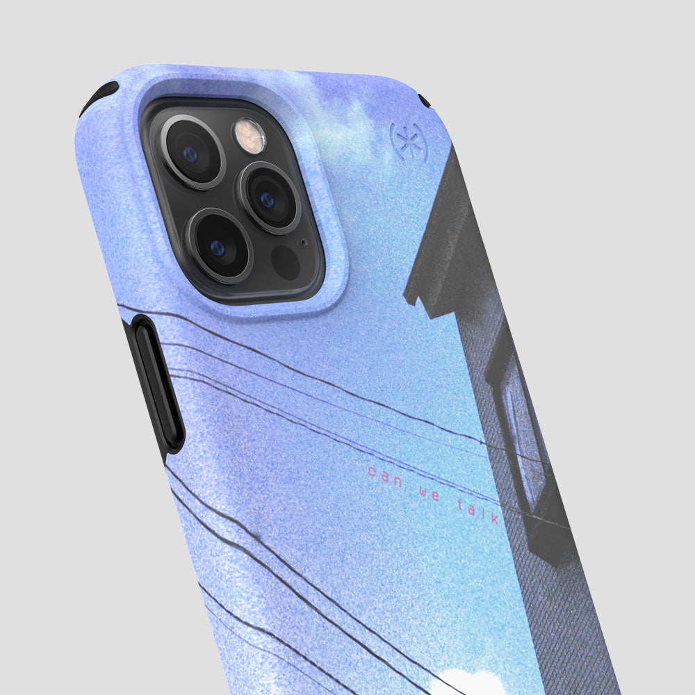 Three-quarter angle of iPhone 12 Pro case in Read Between The Lines pattern