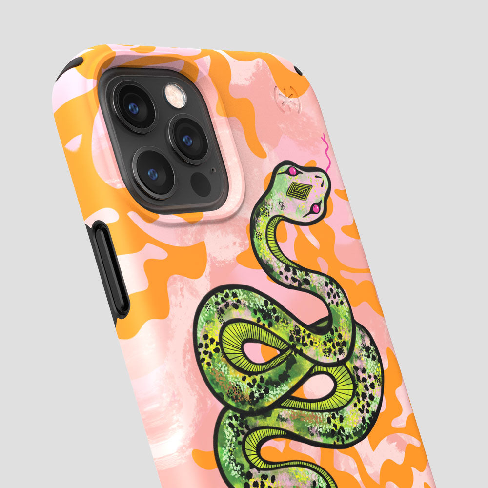 Three-quarter angle of iPhone 12 Pro case in Sage Serpent pattern