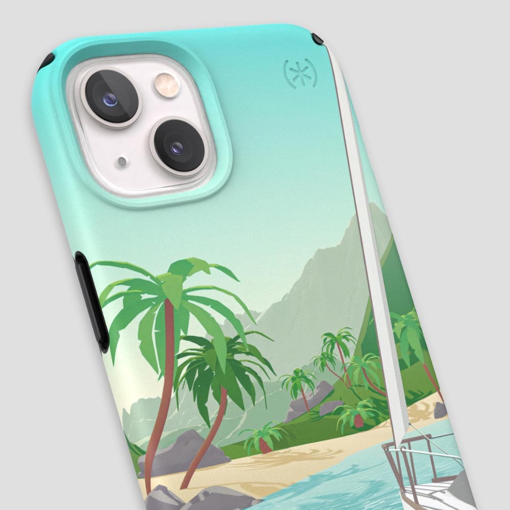 Three-quarter angle of iPhone 13 case in Sailing Away pattern