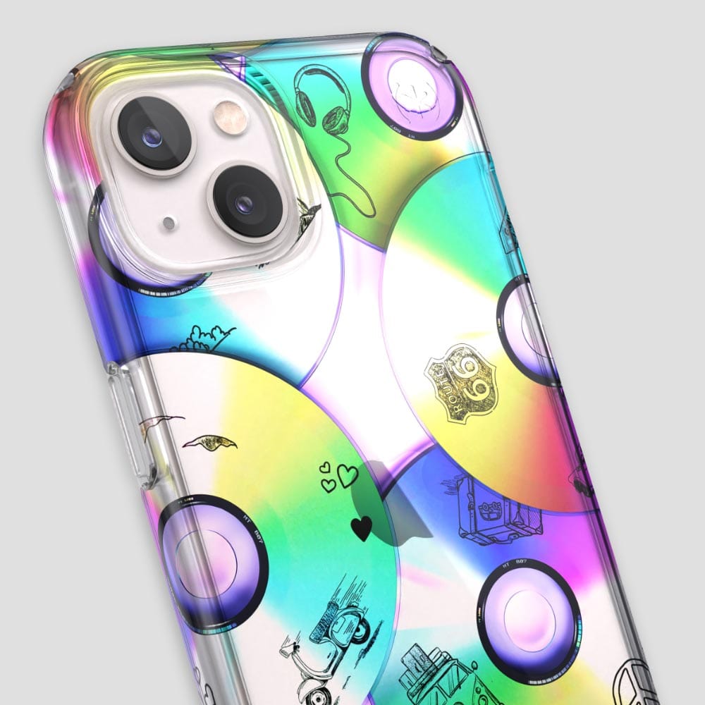 Three-quarter angle of iPhone 13 case in Road Trip Remix pattern