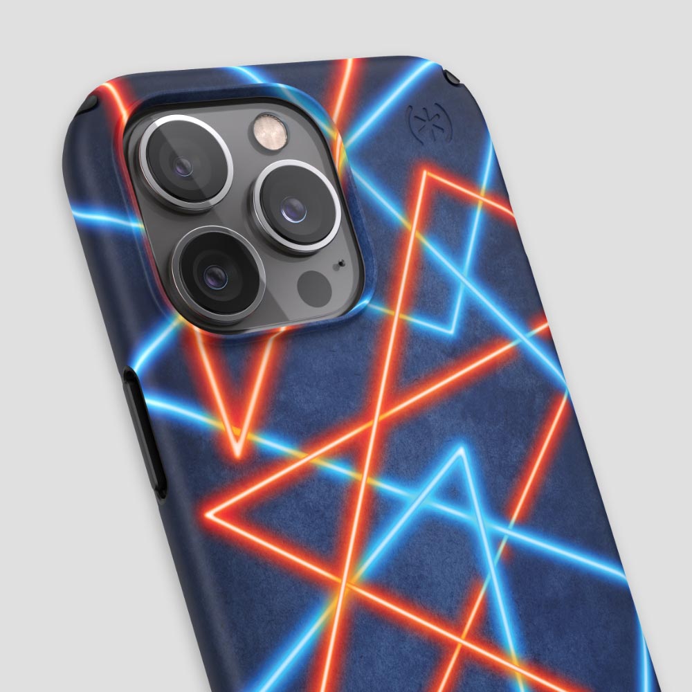 Three-quarter angle of iPhone 13 Pro case in Electric Feel pattern