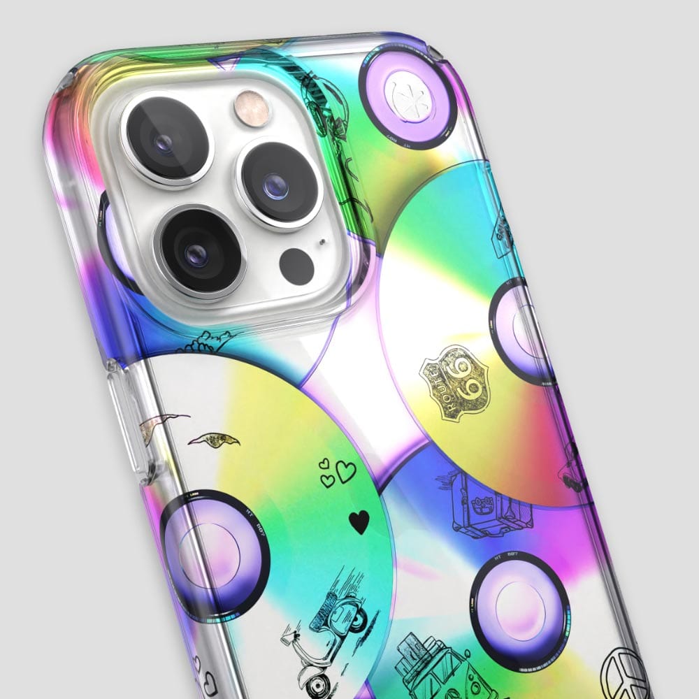 Three-quarter angle of iPhone 13 Pro case in Road Trip Remix pattern