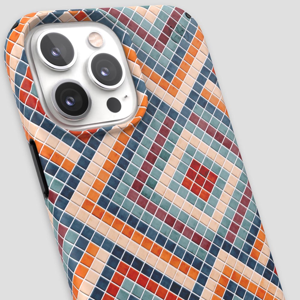 Three-quarter angle of iPhone 13 Pro Max case in Tiles Are Forever pattern