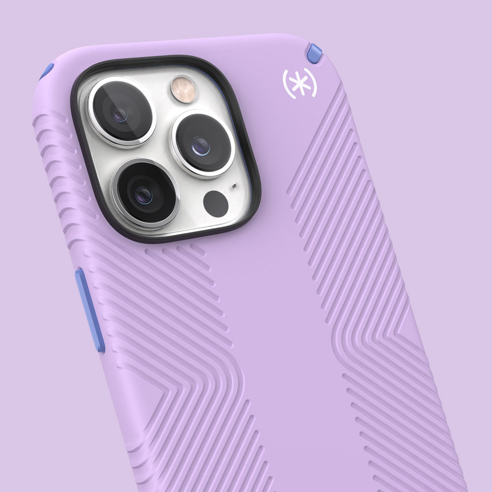Three-quarter angle of iPhone 13 Pro case in Spring Purple