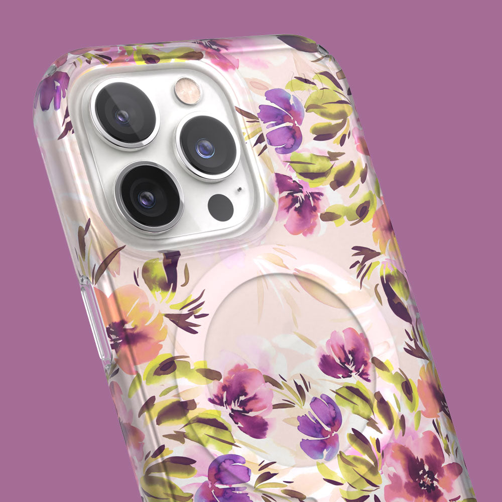 Three-quarter angle of iPhone 13 Pro case in Brushed Floral