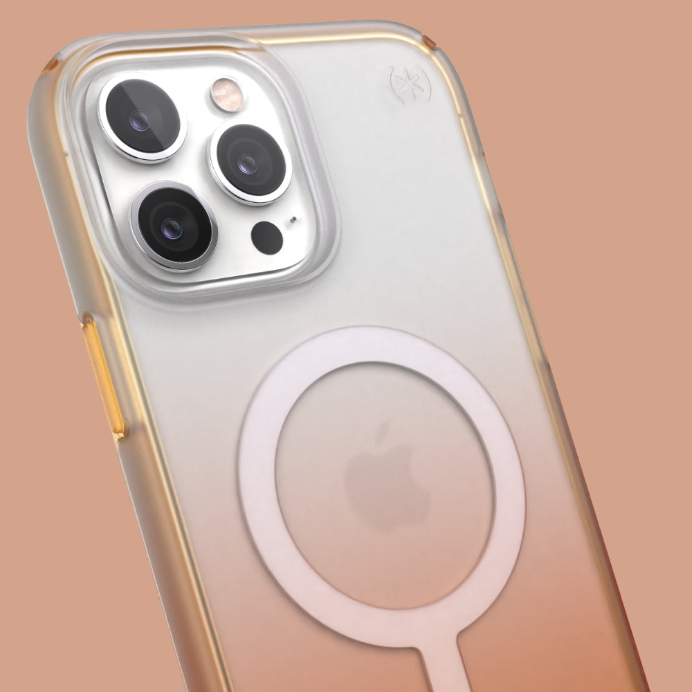 Three-quarter angle of iPhone 13 Pro Max case in Orange Soda Fade