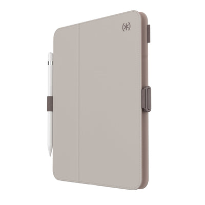 Three-quarter view of front of the case, with folio closed.#color_beech-grey-cinnamon-biscuit