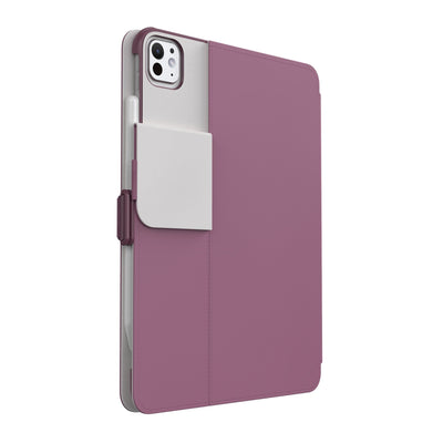 Three-quarter view of the back of the case, with folio closed and camera flap folded down#color_plumberry-purple-crushed-purple-crepe-pink
