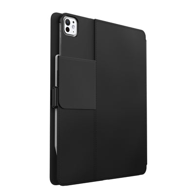 Three-quarter view of the back of the case, with folio closed and camera flap folded down#color_black