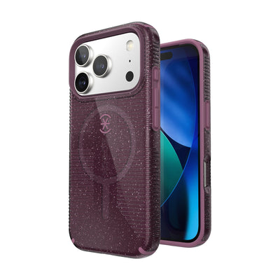 Three-quarter view of back of phone case with phone inside shown over top of front view of phone case with phone inside#color_plumberry-glitter