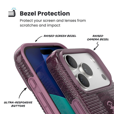 Raised bezels around phone screen and camera are highlighted. Text reads Bezel Protectection: Protect your screen and lenses from scratches and impact; Raised screen bezel; Raised camera bezel; Ultra-responsive buttons#color_plumberry-glitter