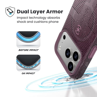 A corner of the case impacts the ground - a diagram shows interior cushion of phone before impact and on impact. Text reads Dual Layer Armor: Impact technology absorbs shock and cushions phone; 13-foot drop tested#color_plumberry-glitter