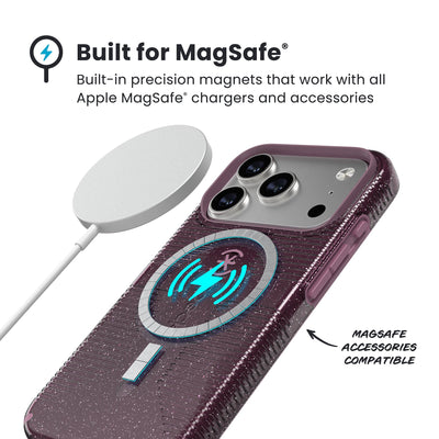 A MagSafe charger hovers over the back of the phone case. Text reads Built for MagSafe: Built-in precision magnets that work with all Apple MagSafe chargers and accessories; MagSafe accessories compatible#color_plumberry-glitter