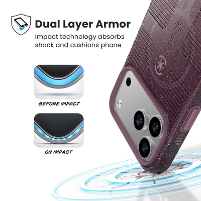 A corner of the case impacts the ground - a diagram shows interior cushion of phone before impact and on impact. Text reads Dual Layer Armor: Impact technology absorbs shock and cushions phone; 13-foot drop tested#color_plumberry-glitter