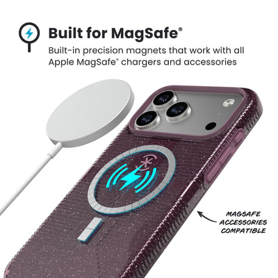 A MagSafe charger hovers over the back of the phone case. Text reads Built for MagSafe: Built-in precision magnets that work with all Apple MagSafe chargers and accessories; MagSafe accessories compatible#color_plumberry-glitter