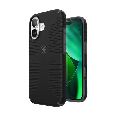 Three-quarter view of back of phone case with phone inside shown over top of front view of phone case with phone inside#color_black-slate-grey