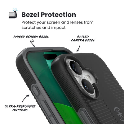Raised bezels around phone screen and camera are highlighted. Text reads Bezel Protectection: Protect your screen and lenses from scratches and impact; Raised screen bezel; Raised camera bezel; Ultra-responsive buttons#color_black-slate-grey