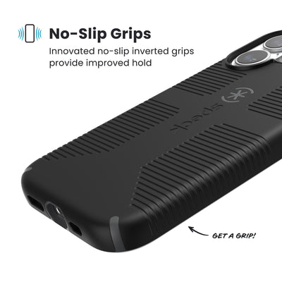 Close-up of grips on the back and side of a phone case. Text reads No-Slip Grips: Innovated no-slip inverted grips provide improved hold; Get a grip!#color_black-slate-grey