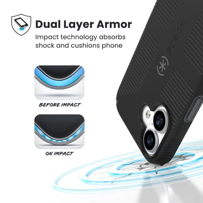 A corner of the case impacts the ground - a diagram shows interior cushion of phone before impact and on impact. Text reads Dual Layer Armor: Impact technology absorbs shock and cushions phone; 13-foot drop tested#color_black-slate-grey