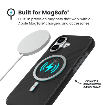A MagSafe charger hovers over the back of the phone case. Text reads Built for MagSafe: Built-in precision magnets that work with all Apple MagSafe chargers and accessories; MagSafe accessories compatible#color_black-slate-grey