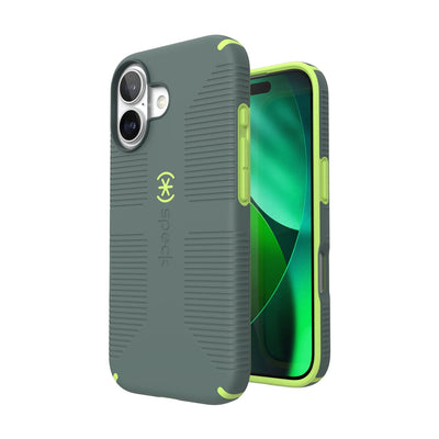 Three-quarter view of back of phone case with phone inside shown over top of front view of phone case with phone inside#color_neo-drab-glow-green