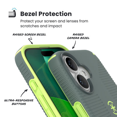 Raised bezels around phone screen and camera are highlighted. Text reads Bezel Protectection: Protect your screen and lenses from scratches and impact; Raised screen bezel; Raised camera bezel; Ultra-responsive buttons#color_neo-drab-glow-green