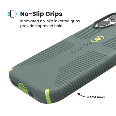 Close-up of grips on the back and side of a phone case. Text reads No-Slip Grips: Innovated no-slip inverted grips provide improved hold; Get a grip!#color_neo-drab-glow-green