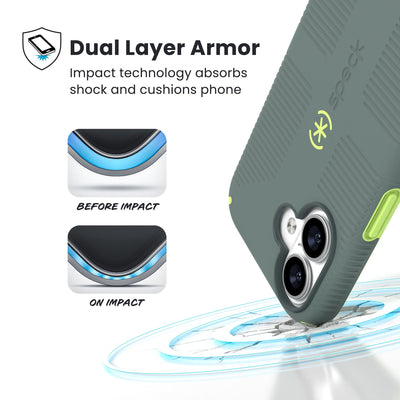 A corner of the case impacts the ground - a diagram shows interior cushion of phone before impact and on impact. Text reads Dual Layer Armor: Impact technology absorbs shock and cushions phone; 13-foot drop tested#color_neo-drab-glow-green