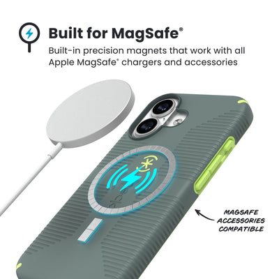 A MagSafe charger hovers over the back of the phone case. Text reads Built for MagSafe: Built-in precision magnets that work with all Apple MagSafe chargers and accessories; MagSafe accessories compatible#color_neo-drab-glow-green