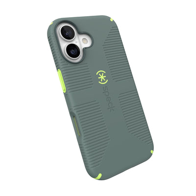 Tilted slight perspective view of back of phone case with phone inside#color_neo-drab-glow-green