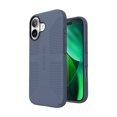 Three-quarter view of back of phone case with phone inside shown over top of front view of phone case with phone inside#color_mystery-blue-faded-denim