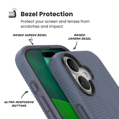 Raised bezels around phone screen and camera are highlighted. Text reads Bezel Protectection: Protect your screen and lenses from scratches and impact; Raised screen bezel; Raised camera bezel; Ultra-responsive buttons#color_mystery-blue-faded-denim