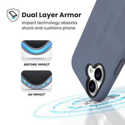 A corner of the case impacts the ground - a diagram shows interior cushion of phone before impact and on impact. Text reads Dual Layer Armor: Impact technology absorbs shock and cushions phone; 13-foot drop tested#color_mystery-blue-faded-denim