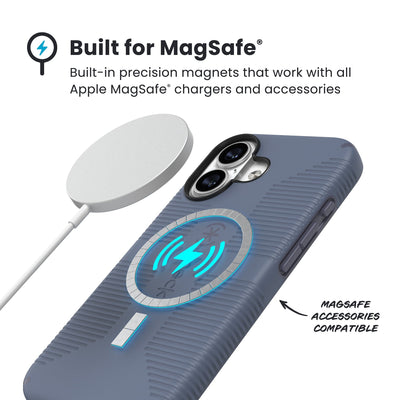 A MagSafe charger hovers over the back of the phone case. Text reads Built for MagSafe: Built-in precision magnets that work with all Apple MagSafe chargers and accessories; MagSafe accessories compatible#color_mystery-blue-faded-denim