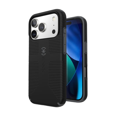 Three-quarter view of back of phone case with phone inside shown over top of front view of phone case with phone inside#color_black-slate-grey