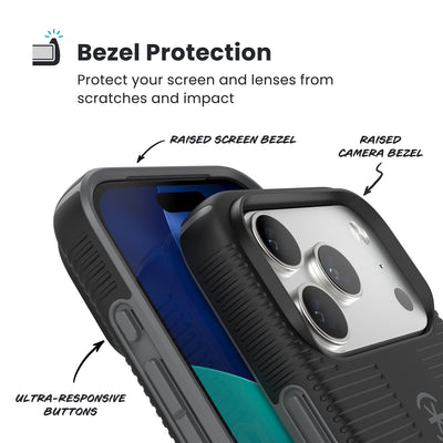 Raised bezels around phone screen and camera are highlighted. Text reads Bezel Protectection: Protect your screen and lenses from scratches and impact; Raised screen bezel; Raised camera bezel; Ultra-responsive buttons#color_black-slate-grey