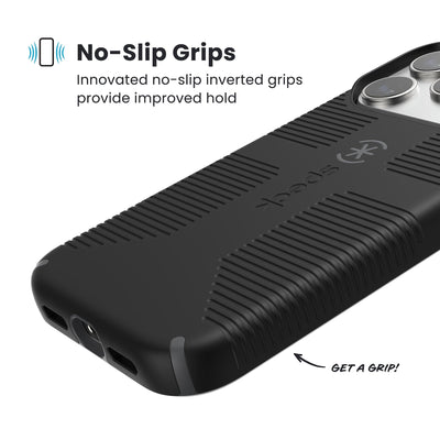 Close-up of grips on the back and side of a phone case. Text reads No-Slip Grips: Innovated no-slip inverted grips provide improved hold; Get a grip!#color_black-slate-grey