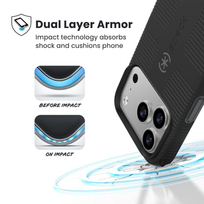 A corner of the case impacts the ground - a diagram shows interior cushion of phone before impact and on impact. Text reads Dual Layer Armor: Impact technology absorbs shock and cushions phone; 13-foot drop tested#color_black-slate-grey