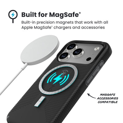 A MagSafe charger hovers over the back of the phone case. Text reads Built for MagSafe: Built-in precision magnets that work with all Apple MagSafe chargers and accessories; MagSafe accessories compatible#color_black-slate-grey
