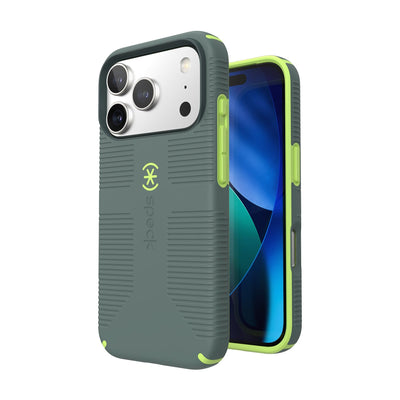 Three-quarter view of back of phone case with phone inside shown over top of front view of phone case with phone inside#color_neo-drab-glow-green