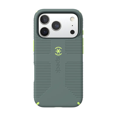 Back view of the phone case with phone inside from straight on#color_neo-drab-glow-green