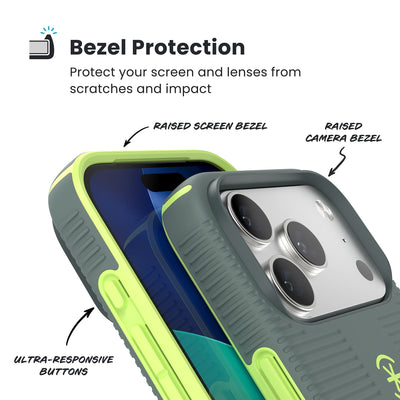 Raised bezels around phone screen and camera are highlighted. Text reads Bezel Protectection: Protect your screen and lenses from scratches and impact; Raised screen bezel; Raised camera bezel; Ultra-responsive buttons#color_neo-drab-glow-green