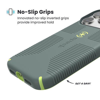 Close-up of grips on the back and side of a phone case. Text reads No-Slip Grips: Innovated no-slip inverted grips provide improved hold; Get a grip!#color_neo-drab-glow-green