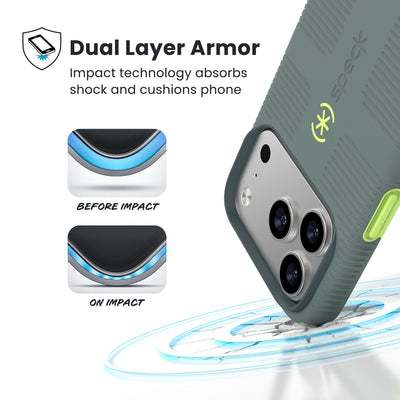 A corner of the case impacts the ground - a diagram shows interior cushion of phone before impact and on impact. Text reads Dual Layer Armor: Impact technology absorbs shock and cushions phone; 13-foot drop tested#color_neo-drab-glow-green